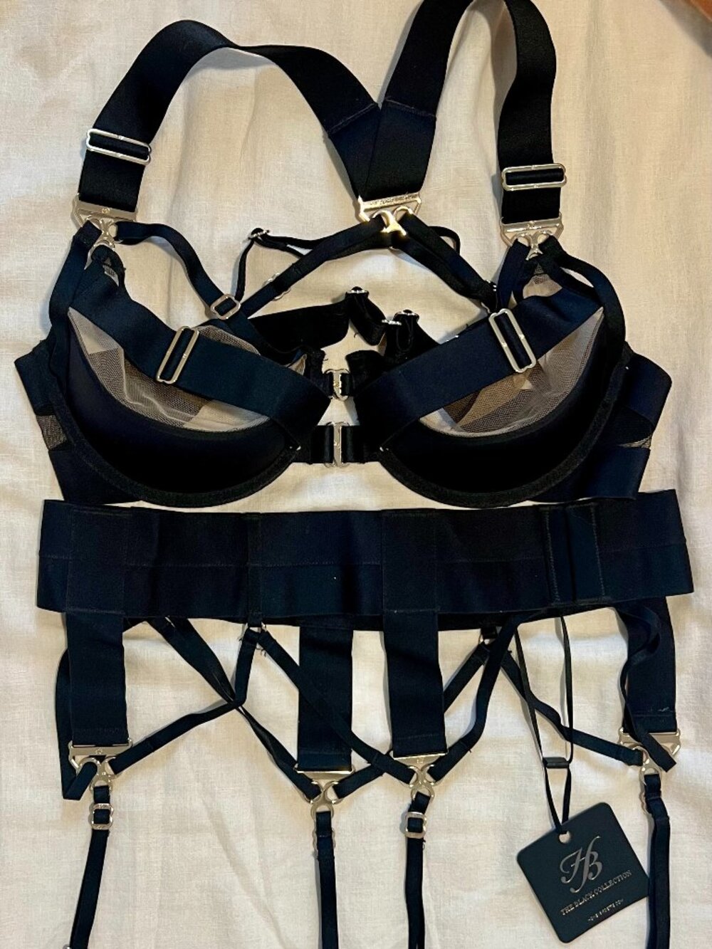 Honey Birdette Adriana Black Bra + Suspender Garter Set 36D / M